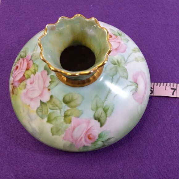 Vintage Vienna Austria Squat Vase Decorated Pink Roses Cottagecore Kitsch Grandm - Picture 7 of 7
